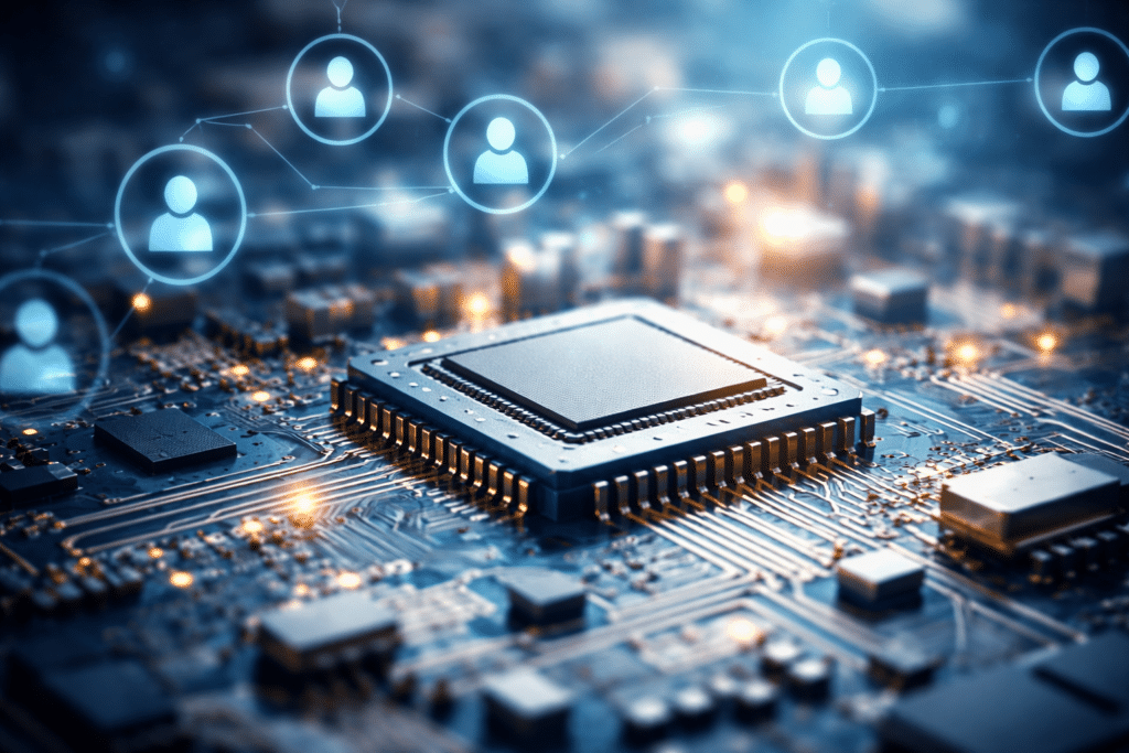 Semiconductor microchip with connected network icons on a circuit board