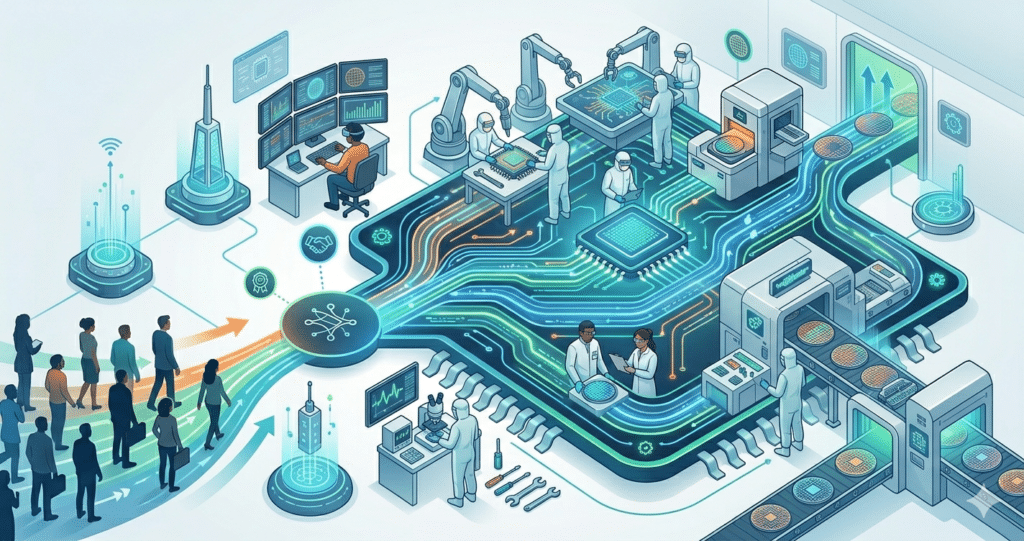 An isometric illustration showing the full pipeline of futuristic chip manufacturing, from a diverse talent pool on the left, to research and robotic assembly, leading to a wafer production line on the right.