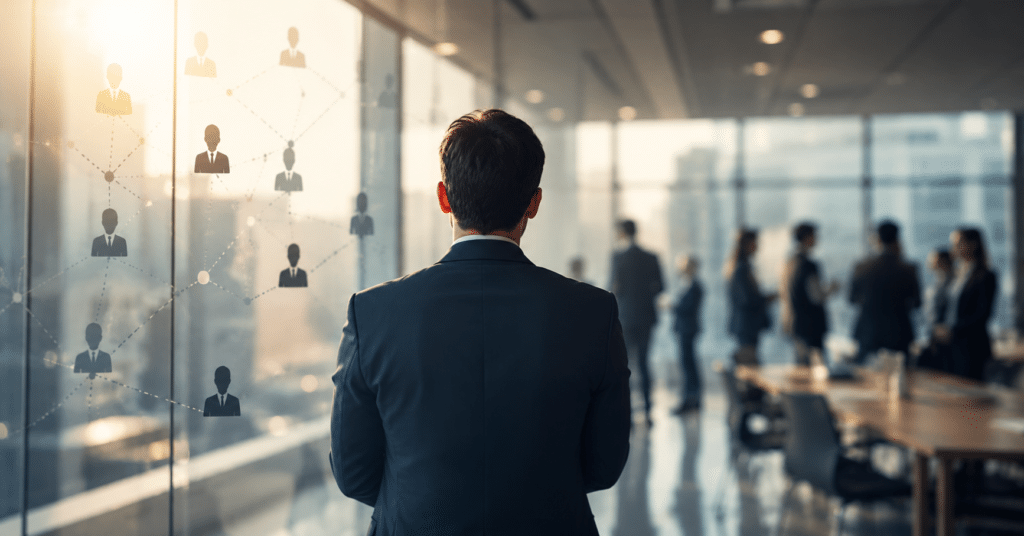 Business professional reviewing workforce connections and hiring strategy in a modern corporate office environment